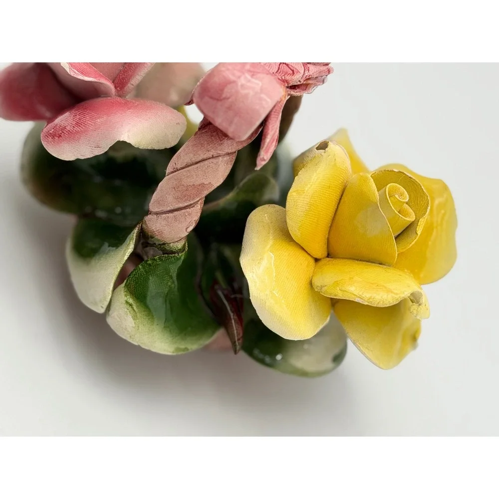 Vintage Capodimonte Porcelain Flower Basket with Bow Pink Yellow Roses Figurine